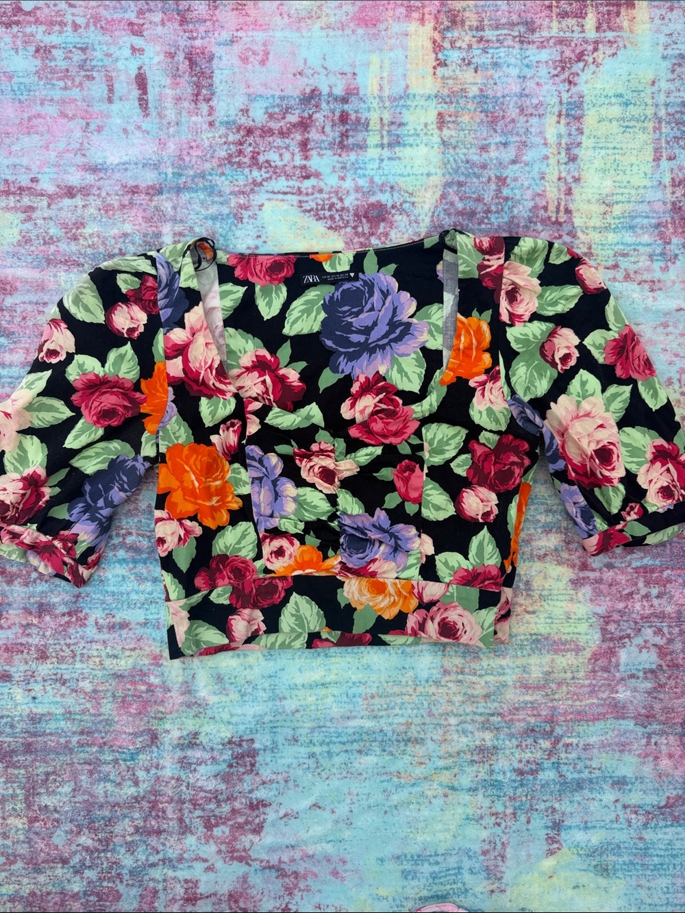 Zara Black Floral Crop Top with Multicolor Roses
